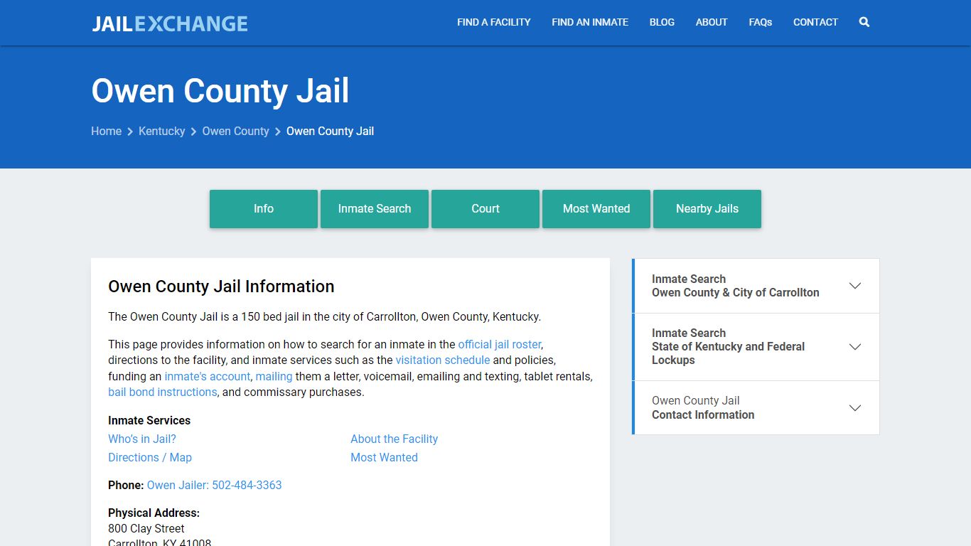 Owen County Jail, KY Inmate Search, Information